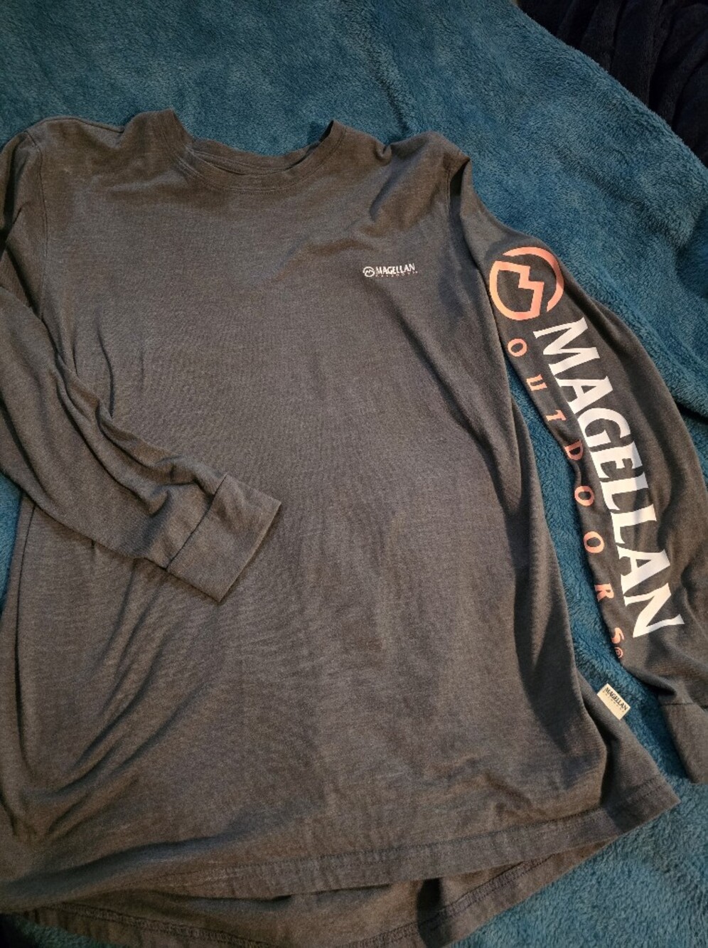 Magellan Outdoors Womens Long Sleeve Tee in Charcoal with Orange Sleeve Logo